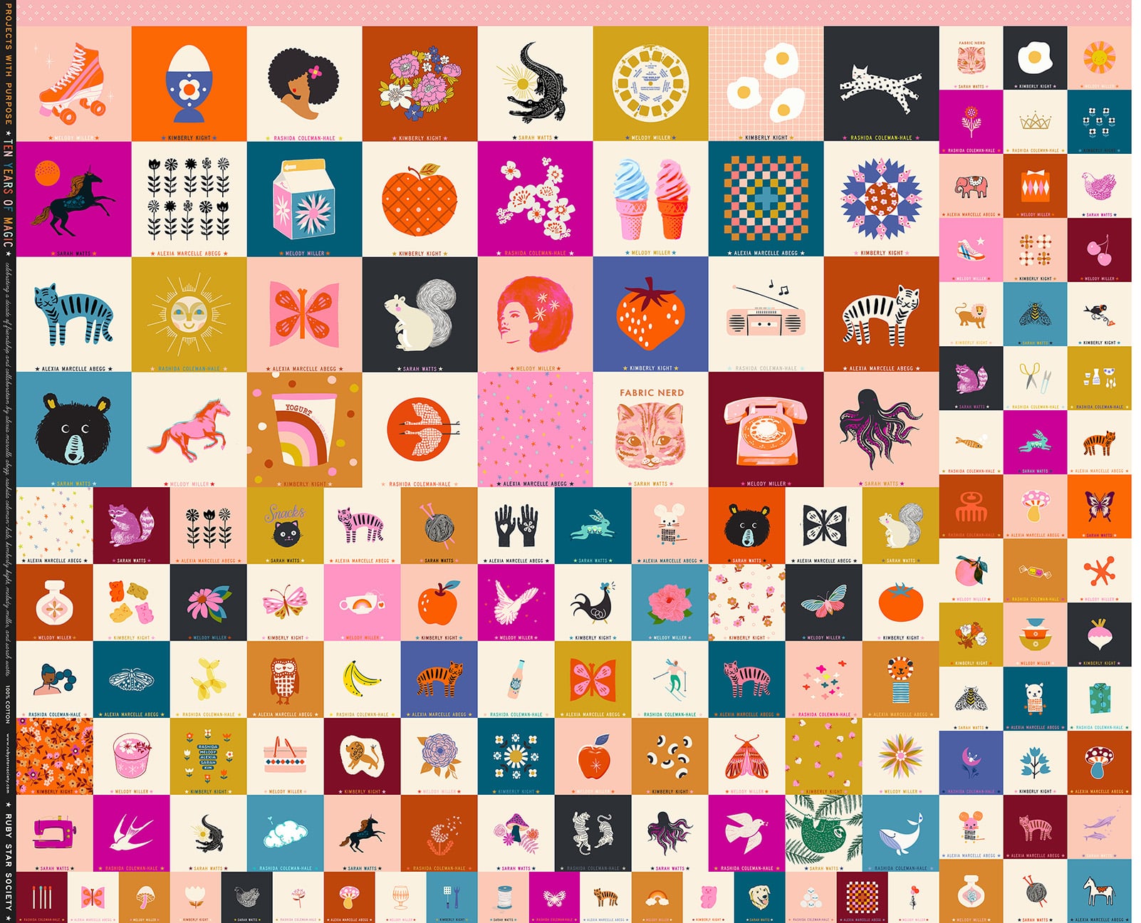 A digital rendering of a panel of fabric, featuring small, medium, and large individual motifs.