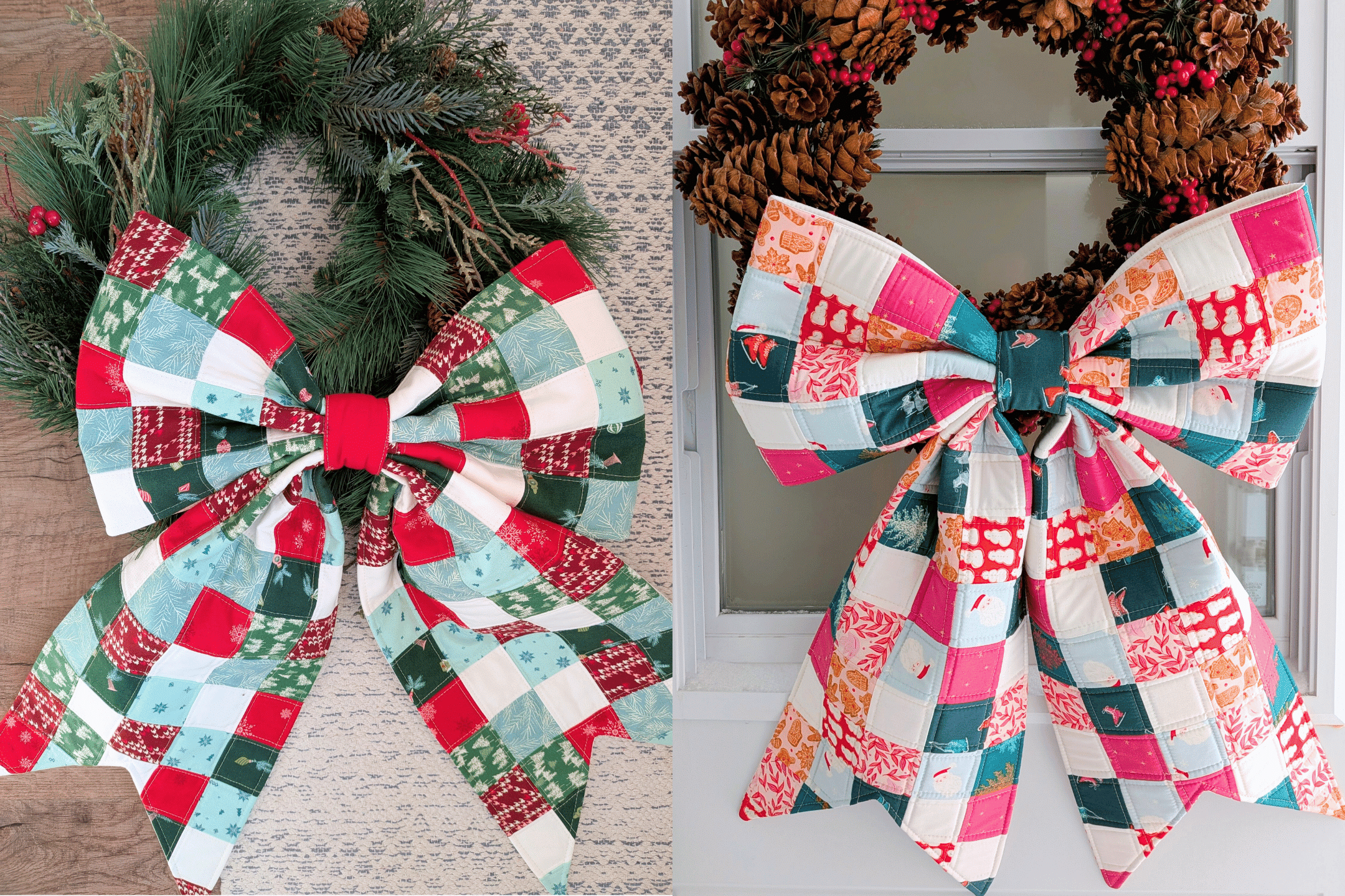 Two patchwork bows are displayed side by side.